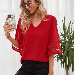 LookbookStore V Neck Mesh Panel Blouse 3/4 Bell Sleeve Loose Top Shirt Size Sm